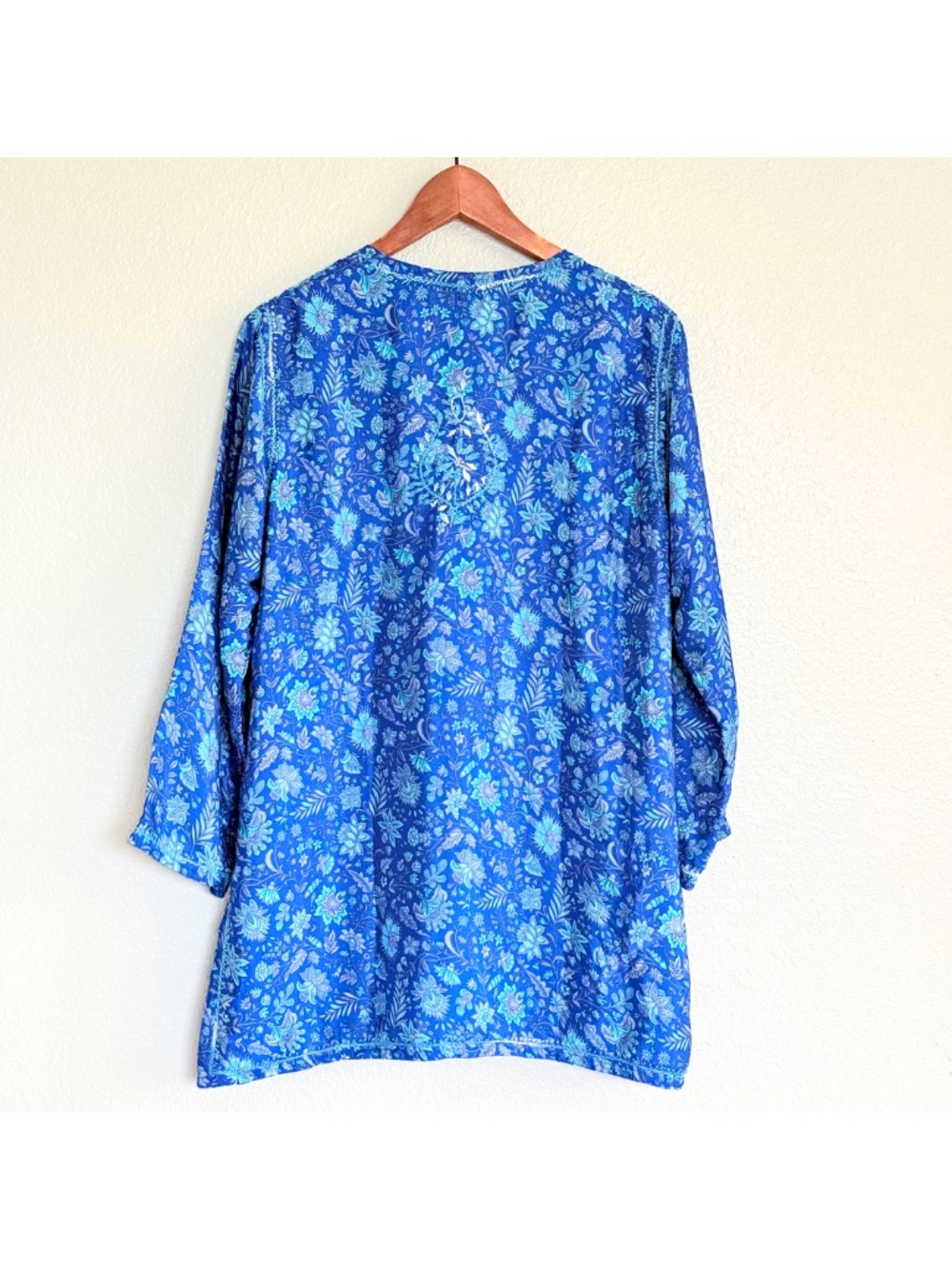 Dolma Blue 100% Silk Floral Embroidered Boho Coastal Resortwear Tunic XL - Picture 6 of 17